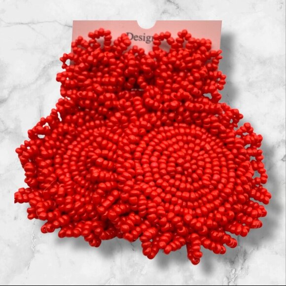 Statement Drop Red Beaded Circular Statement Earrings With Stud Backing - Picture 8 of 8